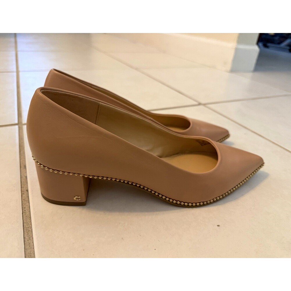COACH Women’s Beige Pointed Toe Studded Trim Solid Slip-On Block Heel Pumps